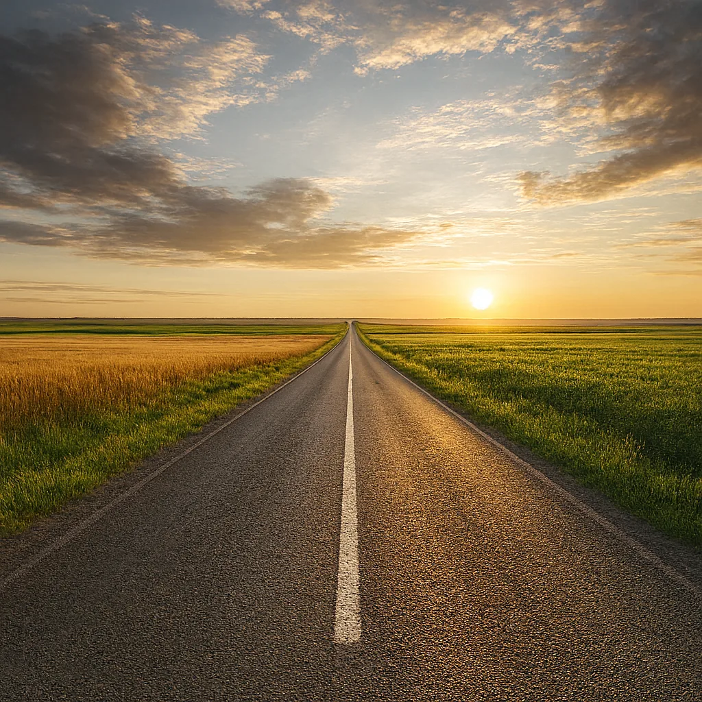 Strada che attraversa la campagna al tramonto