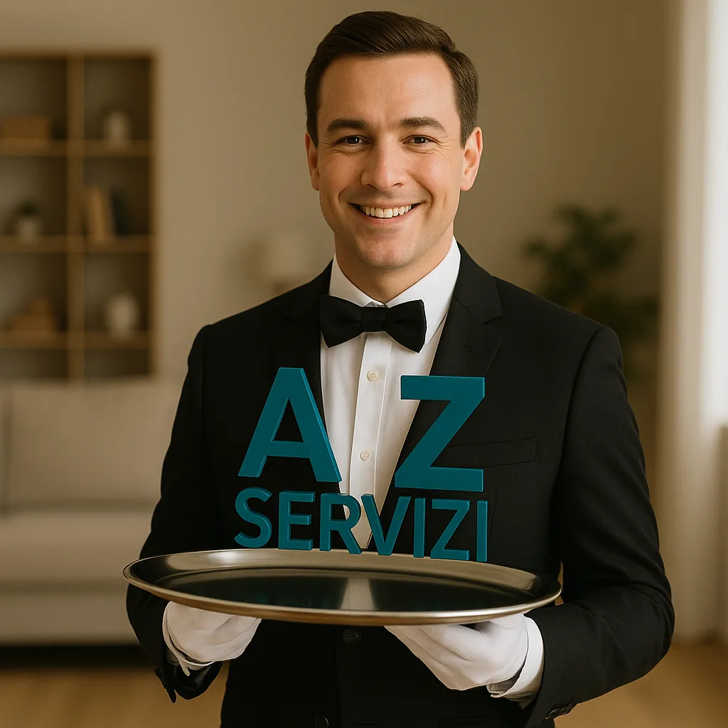 Maggiordomo con vassoio e logo A.Z. Servizi: un servizio completo dalla A alla Z