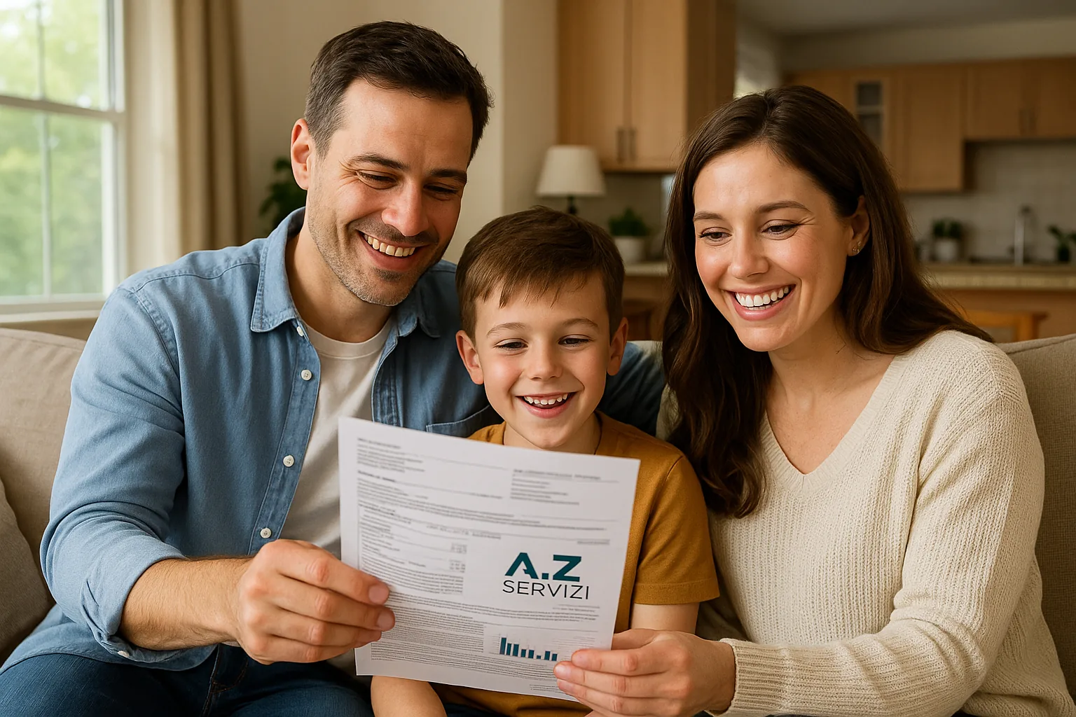 Famiglia sorridente legge la bolletta con il logo A.Z. Servizi