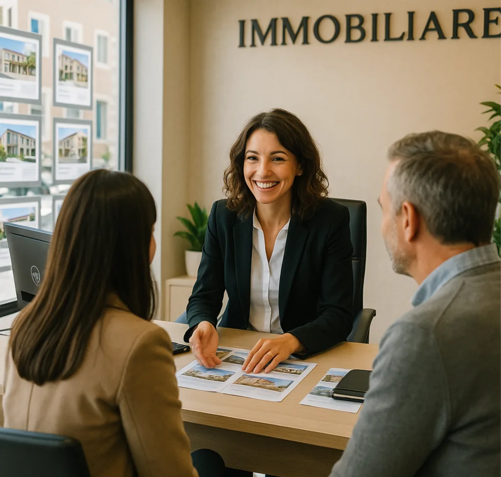Consulente commerciale che accoglie due clienti allo sportello