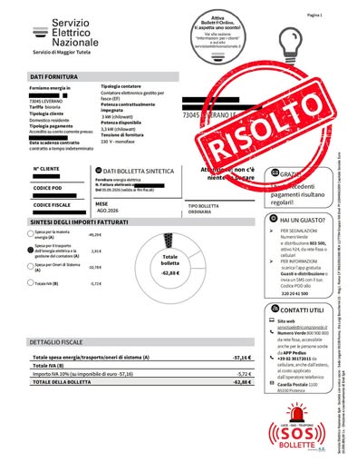 Bolletta del Servizio Elettrico Nazionale verificata e risolta dal servizio SOS Bollette