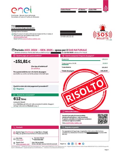 Bolletta del gas verificata e contrassegnata come risolta dal servizio SOS Bollette